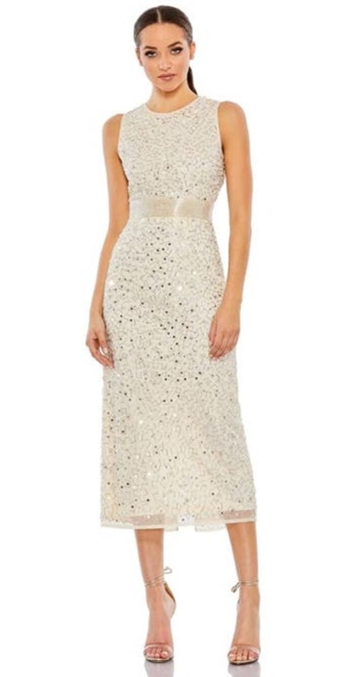 Mac Duggal Geometric Embellished Sleeveless Dress 93758 Nude Silver 6 NEW FLAW